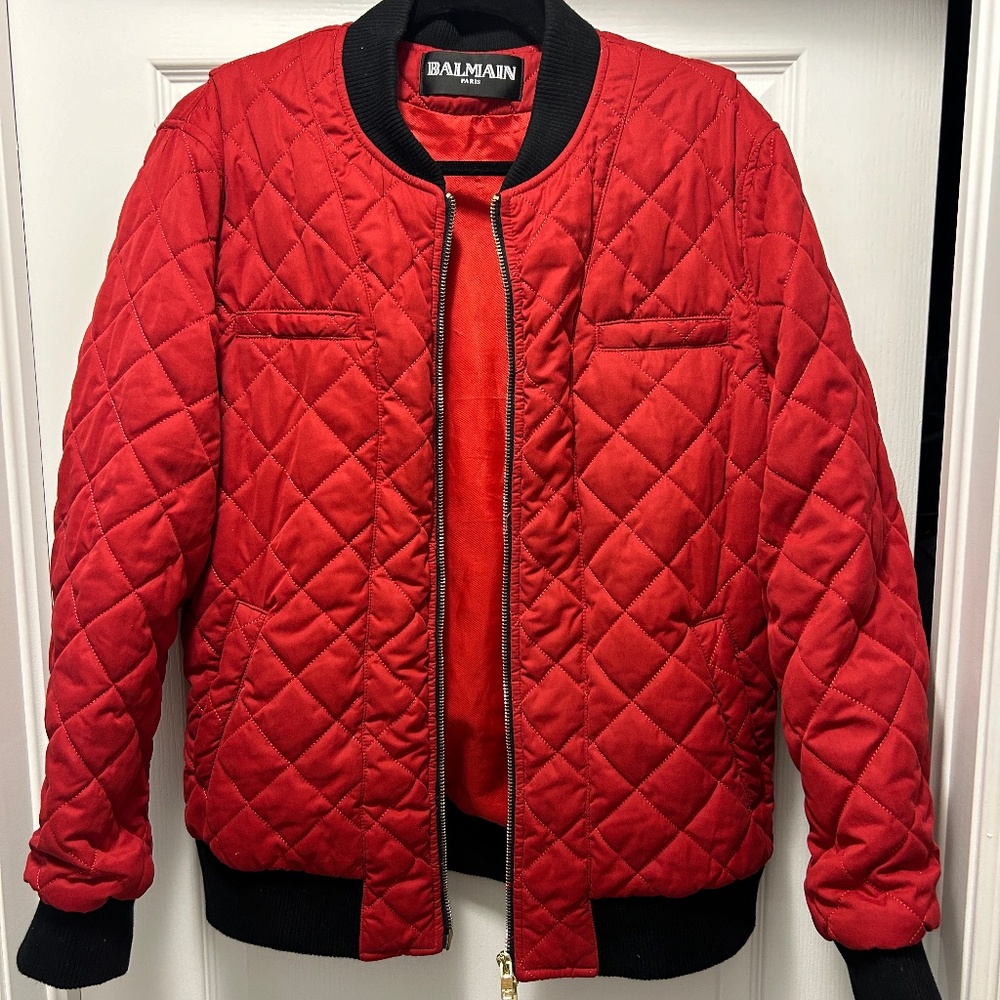 Balmain Red Logo Patch Bomber Jacket (size M)